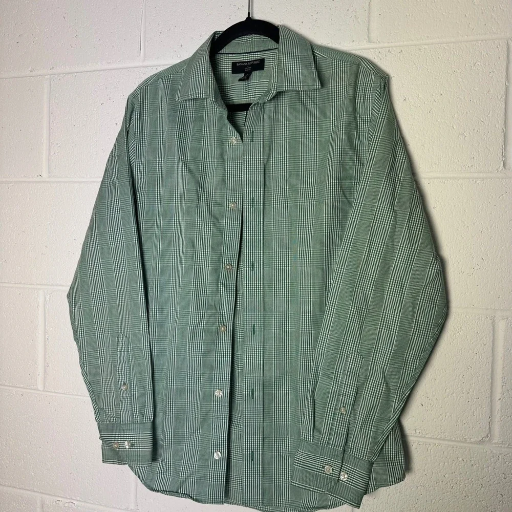 Banana Republic Mens‎ Green White plaid Check Non Iron Slim Dress Shirt M 15.5